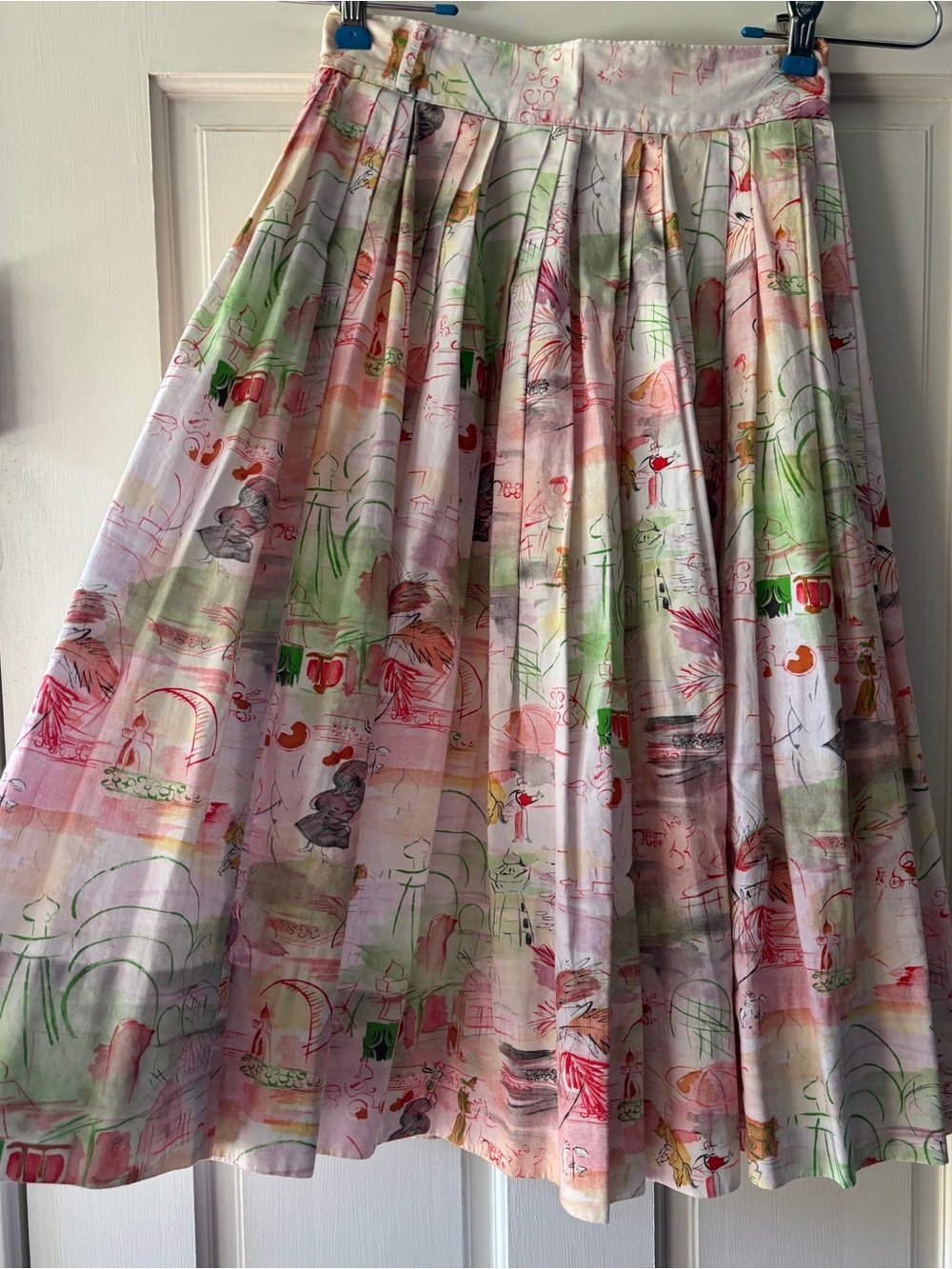 Vintage Pastel Watercolor Print Full Pleated Skirt - Pink & Green